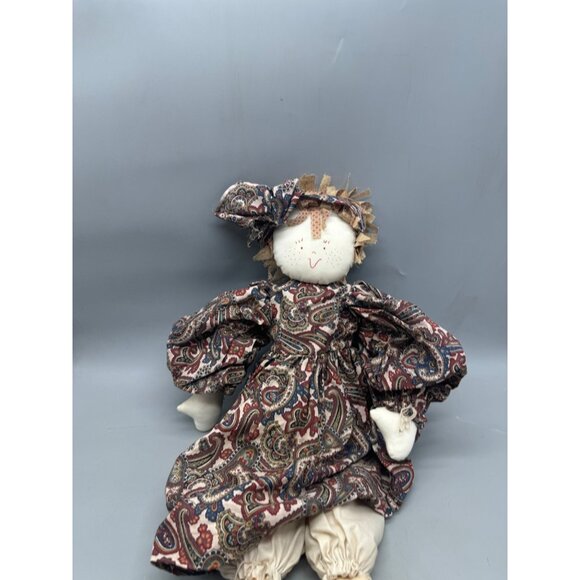 Vintage Handmade Rag Doll Paisley Dress & bow ribbon 25" brown READ - Picture 8 of 9